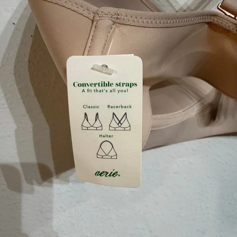 Aerie Beige Wireless Convertible Strap Bra Racerback T Shirt Bra Sz 34DD NWT